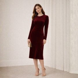 Bordo Kadife Şık Elbise