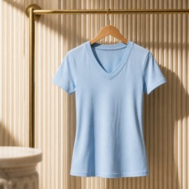 Basic Blue V-Neck T-Shirt – Mavi V Yaka Kadın Tişört