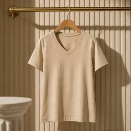 Basic Cream V-Neck T-Shirt – Krem V Yaka Kadın Tişört