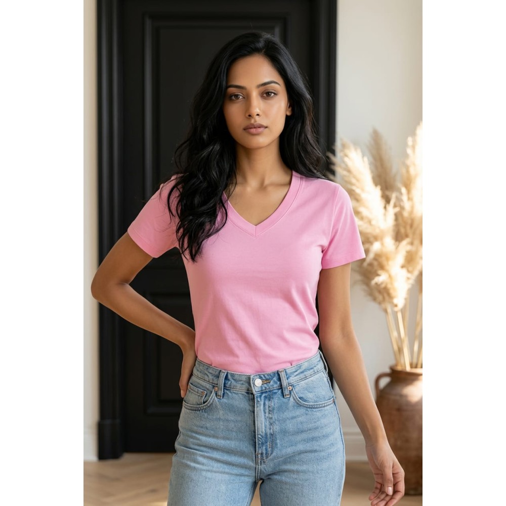 Basic Pink V-Neck T-Shirt – Pembe V Yaka Kadın Tişört