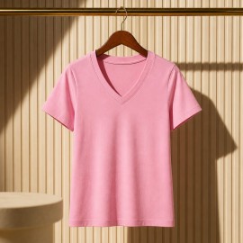 Basic Pink V-Neck T-Shirt – Pembe V Yaka Kadın Tiş..