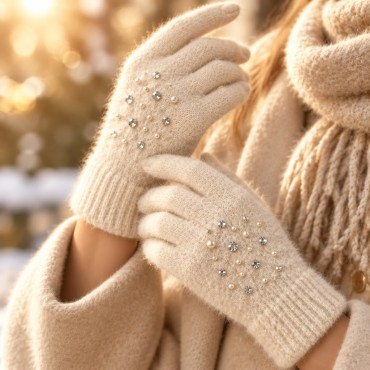İnci ve Parlak Taş İşlemeli Yumuşak Dokulu Kadın Eldiveni – Ekru | Women's Soft Touch Pearl & Rhinestone Embellished Gloves – Ecru
