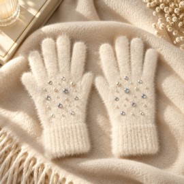 İnci ve Parlak Taş İşlemeli Yumuşak Dokulu Kadın Eldiveni – Ekru | Women's Soft Touch Pearl & Rhinestone Embellished Gloves – Ecru