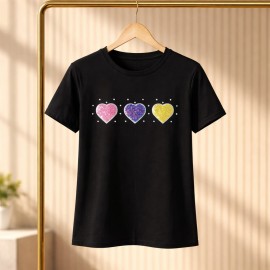 Color Hearts Crystal T-Shirt – Taş Detaylı Renkli Kalp Kadın Tişört