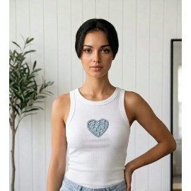 Denim Heart Rib Tank Top - Denim Kalp Detaylı Kadı..