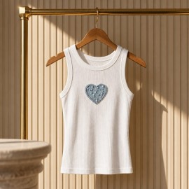 Denim Heart Rib Tank Top - Denim Kalp Detaylı Kadın Atlet