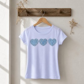 Denim Hearts T-Shirt – Üç Kot Kalp Detaylı Kadın Tişört