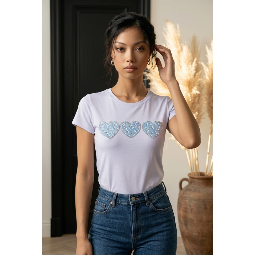 Denim Hearts T-Shirt – Üç Kot Kalp Detaylı Kadın Tişört