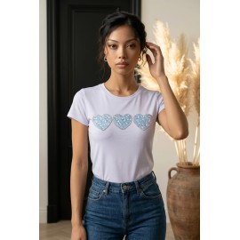 Denim Hearts T-Shirt – Üç Kot Kalp Detaylı Kadın Tişört