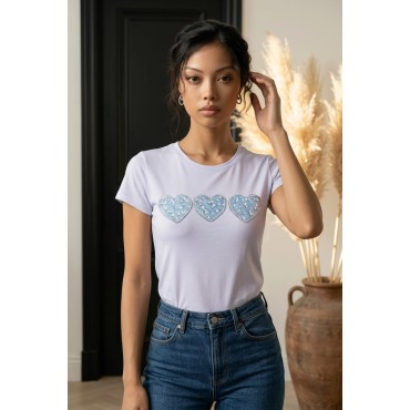 Denim Hearts T-Shirt – Üç Kot Kalp Detaylı Kadın Tişört