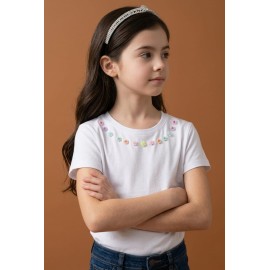 Flower Stone Necklace T-Shirt - Çiçek Taş Kolye Detaylı Kız Çocuk Tişört