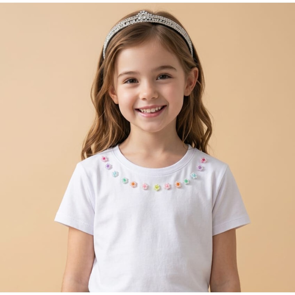 Flower Stone Necklace T-Shirt - Çiçek Taş Kolye Detaylı Kız Çocuk Tişört