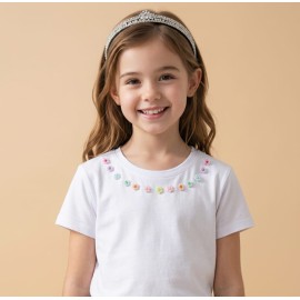 Flower Stone Necklace T-Shirt - Çiçek Taş Kolye Detaylı Kız Çocuk Tişört