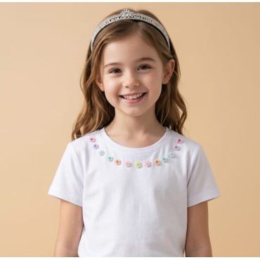 Flower Stone Necklace T-Shirt - Çiçek Taş Kolye Detaylı Kız Çocuk Tişört