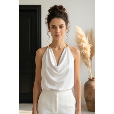 Golden Ring Halter Blouse - Altın Halka Detaylı Beyaz Kadın Bluz