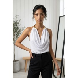 Golden Ring Halter Blouse - Altın Halka Detaylı Beyaz Kadın Bluz