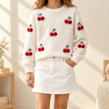 3D Kiraz Aplikeli Kız Çocuk Kışlık Kazak || 3D Cherry Applique Girls' Winter Sweater