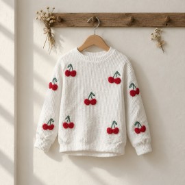 3D Kiraz Aplikeli Kız Çocuk Kışlık Kazak || 3D Cherry Applique Girls' Winter Sweater