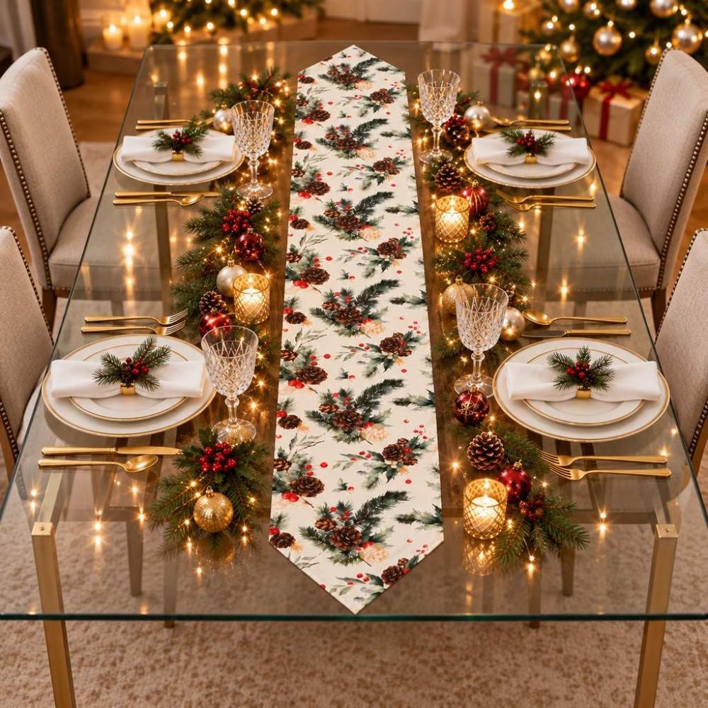Kozalak ve Çam Dalı Desenli Çift Taraflı Runner 180 × 40 cm | Pinecone & Pine Branch Runner