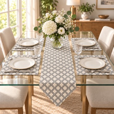 Gri Krem Desenli 5 Parça Runner ve Amerikan Servis Takımı | Grey & Cream Runner and Placemat Set