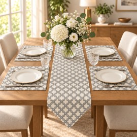 Gri Krem Desenli 5 Parça Runner ve Amerikan Servis Takımı | Grey & Cream Runner and Placemat Set