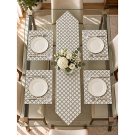 Gri Krem Desenli 5 Parça Runner ve Amerikan Servis Takımı | Grey & Cream Runner and Placemat Set