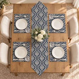 Lacivert Krem Damask Desenli 5 Parça Runner ve Amerikan Servis Takımı | Navy & Cream Damask Runner and Placemat Set