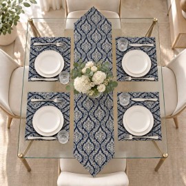 Lacivert Krem Damask Desenli 5 Parça Runner ve Amerikan Servis Takımı | Navy & Cream Damask Runner and Placemat Set