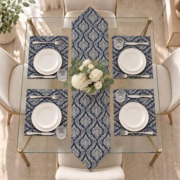 Lacivert Krem Damask Desenli 5 Parça Runner ve Amerikan Servis Takımı | Navy & Cream Damask Runner and Placemat Set