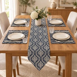 Lacivert Krem Damask Desenli 5 Parça Runner ve Amerikan Servis Takımı | Navy & Cream Damask Runner and Placemat Set