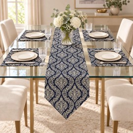 Lacivert Krem Damask Desenli 5 Parça Runner ve Amerikan Servis Takımı | Navy & Cream Damask Runner and Placemat Set