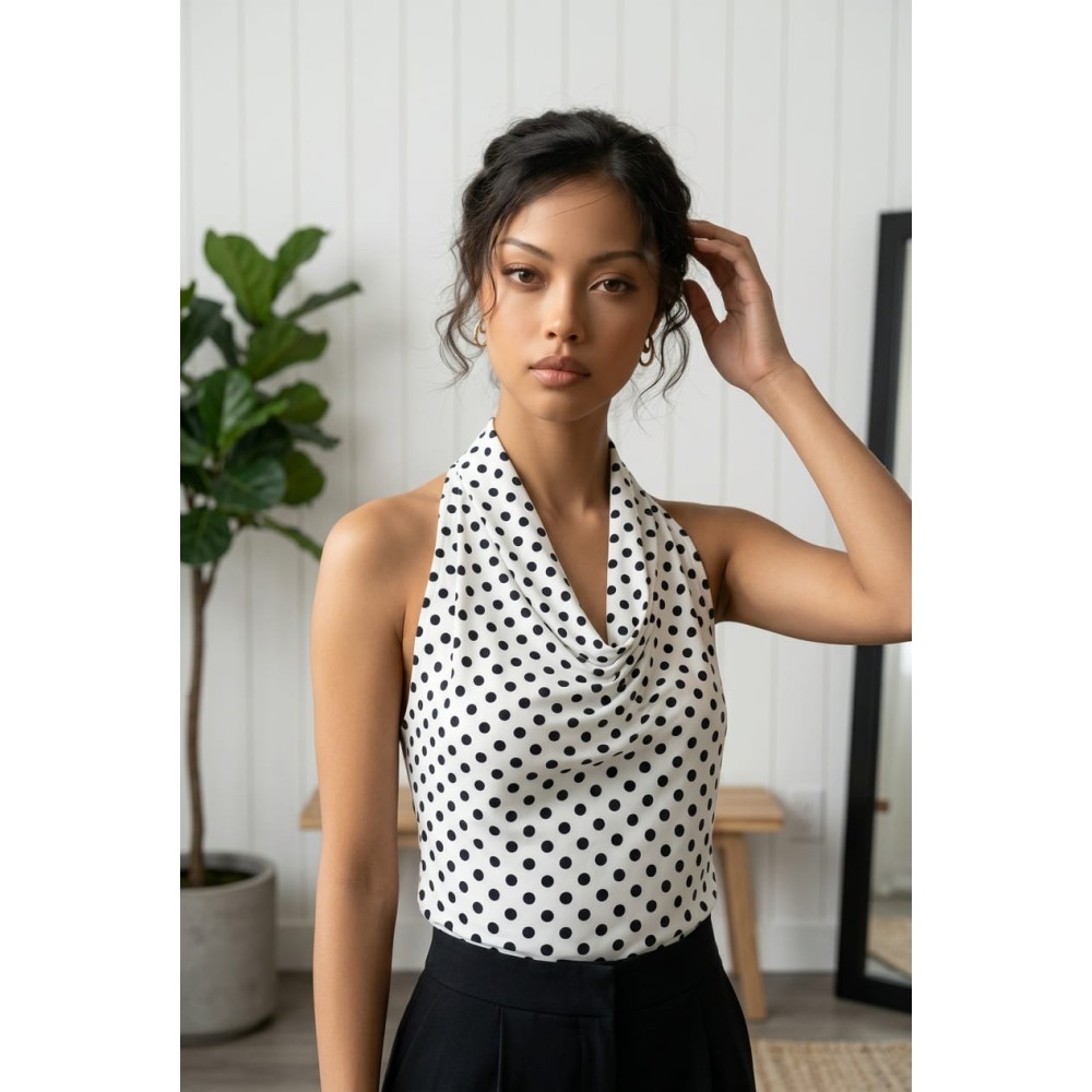 Polka Halter Blouse - Beyaz Siyah Puantiyeli Boyundan Bağlamalı Kadın Bluz