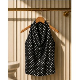 Polka Tie Halter Blouse - Siyah Puantiyeli Boyundan Bağlamalı Kadın Bluz