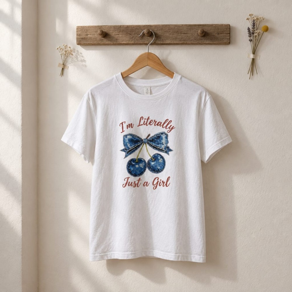 Rhinestone Denim-Look Cherry Kids T-Shirt - Taşlı Kot Görünümlü Kiraz Çocuk T-Shirt