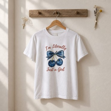 Rhinestone Denim-Look Cherry Kids T-Shirt - Taşlı Kot Görünümlü Kiraz Çocuk T-Shirt