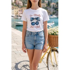 Rhinestone Denim-Look Cherry Kids T-Shirt - Taşlı Kot Görünümlü Kiraz Çocuk T-Shirt