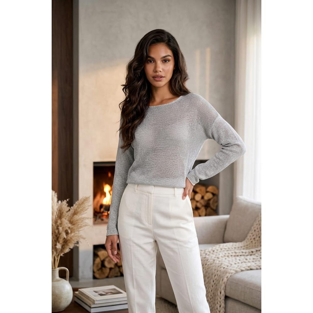 Silver Shimmer Sheer Knit Blouse / Gümüş Işıltılı Transparan Triko Bluz