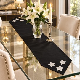 Taşlı Yıldız Detaylı Siyah Tafta Saten Runner 40×150 cm | Midnight Star Runner