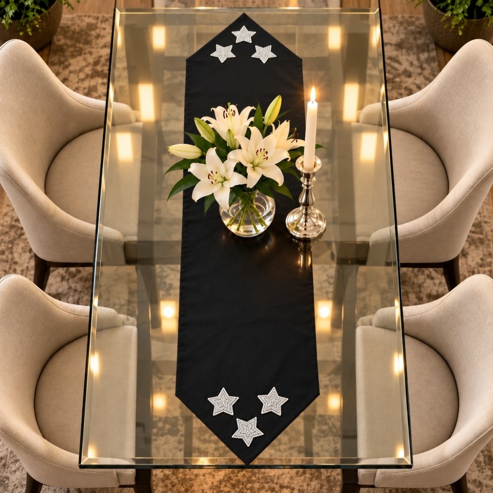 Taşlı Yıldız Detaylı Siyah Tafta Saten Runner 40×150 cm | Midnight Star Runner