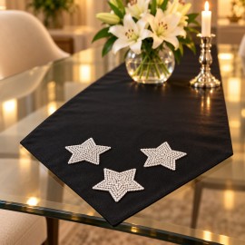 Taşlı Yıldız Detaylı Siyah Tafta Saten Runner 40×150 cm | Midnight Star Runner