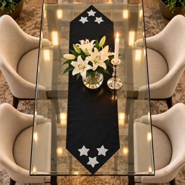 Taşlı Yıldız Detaylı Siyah Tafta Saten Runner 40×150 cm | Midnight Star Runner
