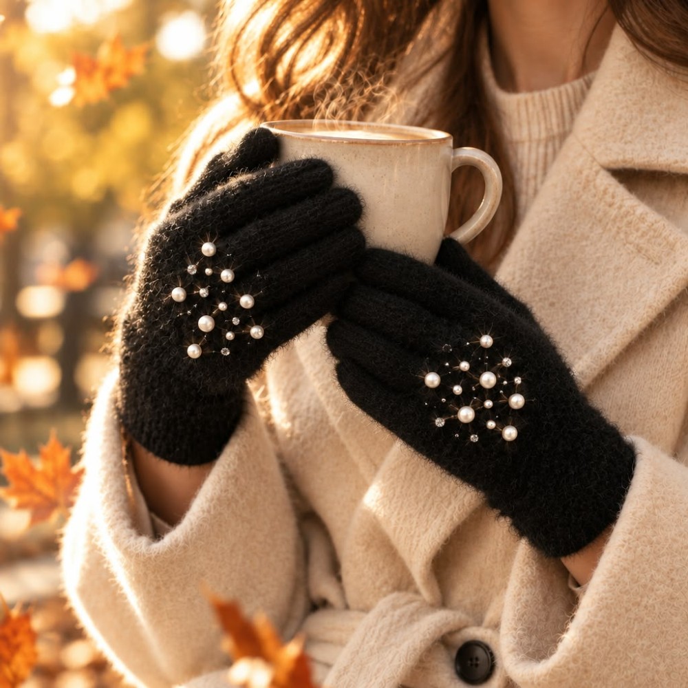 İnci ve Parlak Taş İşlemeli Yumuşak Dokulu Kadın Eldiveni – Siyah | Women's Soft Touch Pearl & Rhinestone Embellished Gloves – Black