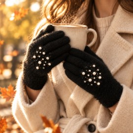 İnci ve Parlak Taş İşlemeli Yumuşak Dokulu Kadın Eldiveni – Siyah | Women's Soft Touch Pearl & Rhinestone Embellished Gloves – Black