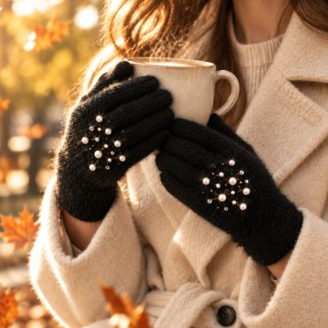 İnci ve Parlak Taş İşlemeli Yumuşak Dokulu Kadın Eldiveni – Siyah | Women's Soft Touch Pearl & Rhinestone Embellished Gloves – Black