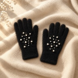 İnci ve Parlak Taş İşlemeli Yumuşak Dokulu Kadın Eldiveni – Siyah | Women's Soft Touch Pearl & Rhinestone Embellished Gloves – Black