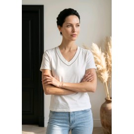 Swarovski Crystal V-Neck White T-Shirt / Swarovski Taş İşlemeli V Yaka Beyaz T-Shirt