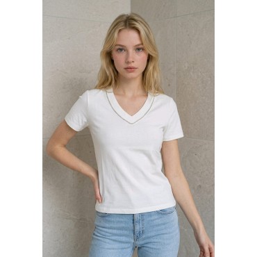Swarovski Crystal V-Neck White T-Shirt / Swarovski Taş İşlemeli V Yaka Beyaz T-Shirt