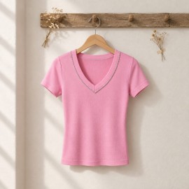 Swarovski Crystal V-Neck Pink T-Shirt / Swarovski Taş İşlemeli V Yaka Pembe T-Shirt 