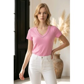 Swarovski Crystal V-Neck Pink T-Shirt / Swarovski Taş İşlemeli V Yaka Pembe T-Shirt 