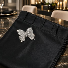 Taşlı Kelebek Detaylı Tafta Saten Siyah Pileli Masa Runnerı 40×150 cm | Midnight Butterfly Runner